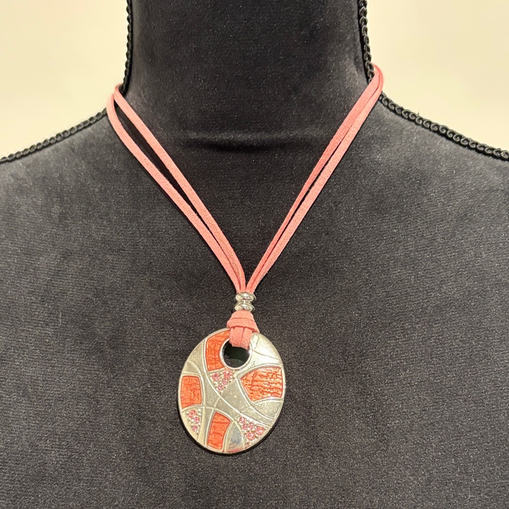 EUC!  Lia Sophia Flamingo Pink and Silver-Tone Pendant Necklace Geometric
